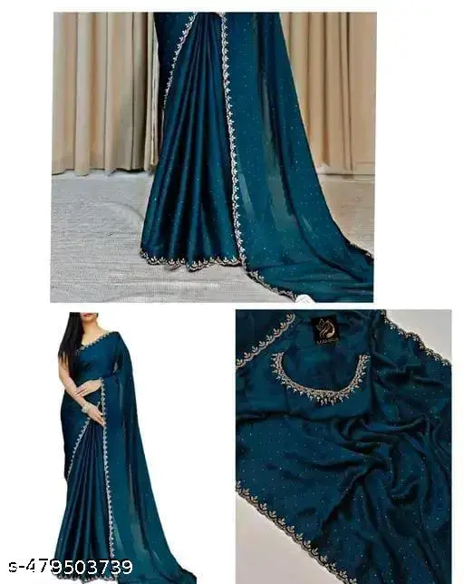 New satin silk saree for women with beads and stone worked border