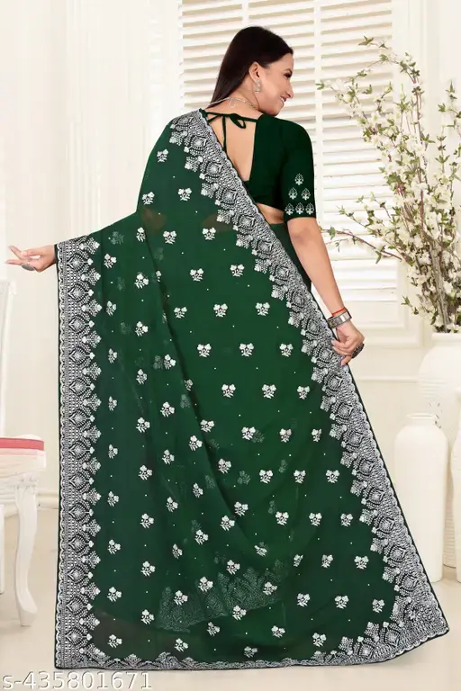 Embroidery worked saree for women with silver stone
