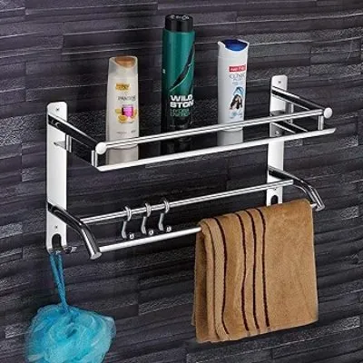 Wall mounting rack with towel holder - metal build and non-drill mount (Easy return)