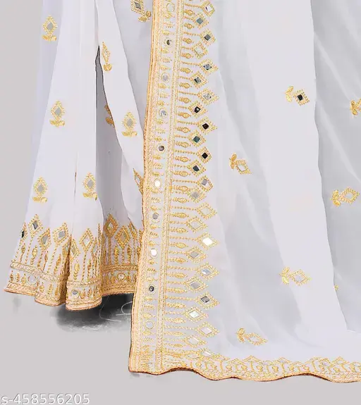 BEAUTIFUL SAREE with golden stone and mirror finished border for women in white colour 