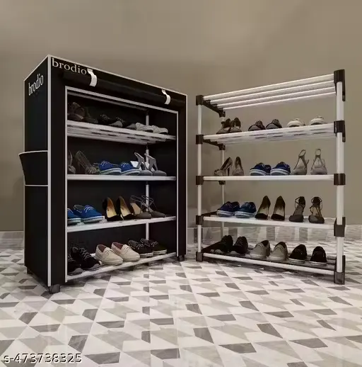 DIY 4 floored shoes and slippers rack with PVC heavy plastic build and black cloth covver