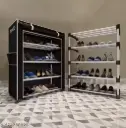 DIY 4 floored shoes and slippers rack with PVC heavy plastic build and black cloth covver