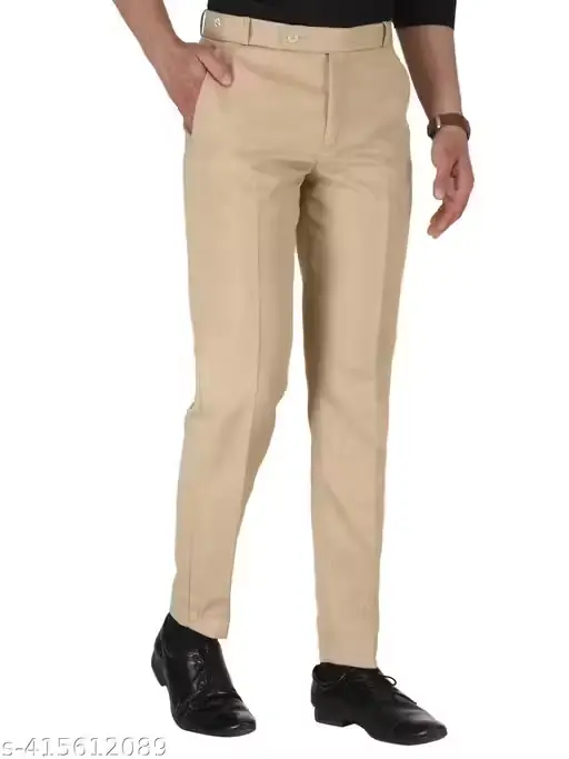 Mens regular fit beige cotton blend trousers | FORMAL trousers for mens (Easy return)