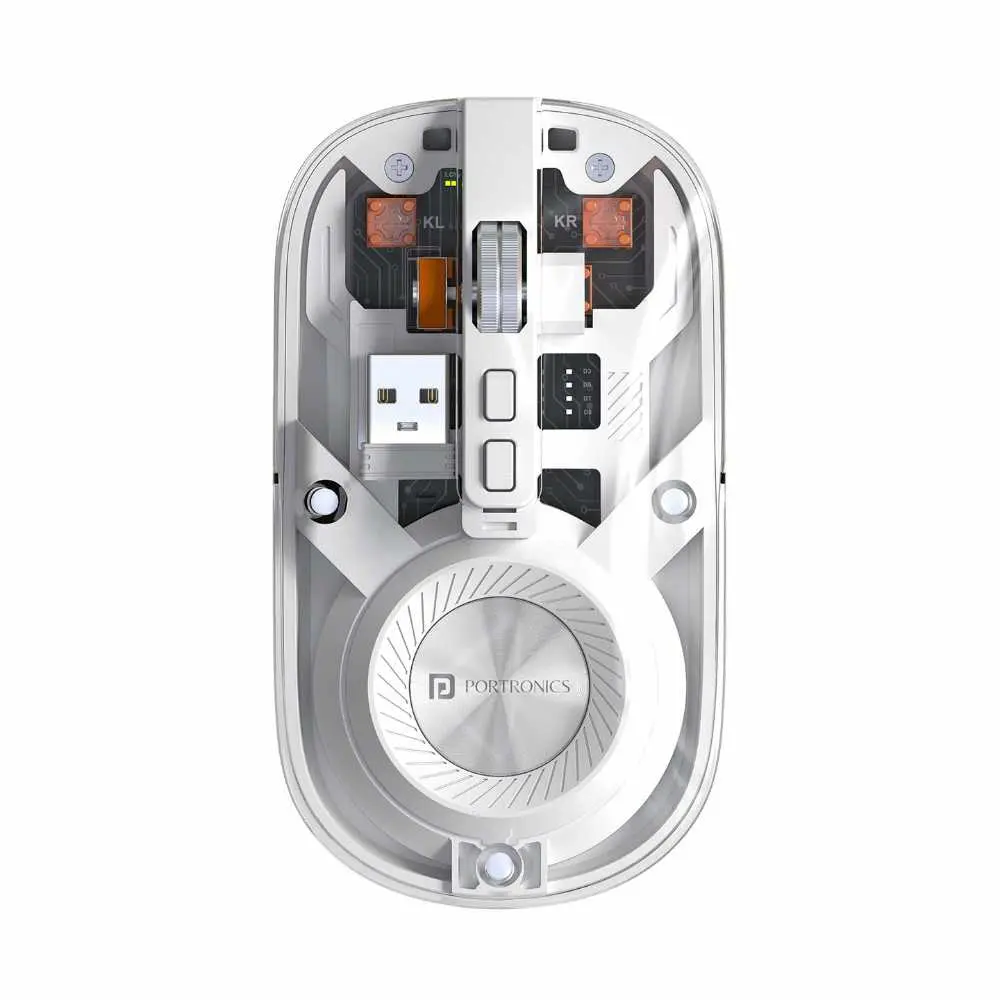 PORTRONICS wireless mouse transparent design, bluetooth connectivity, USB reciver, type-C chargingand adjustable DPI 