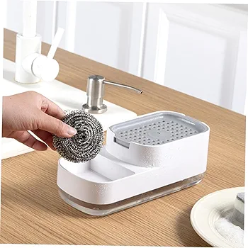 2 in 1 liquid dish soap dispenser with sponge, plastic build, and refillable (Easy return)