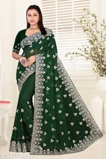 [A00048] Embroidery worked saree for women with silver stone 