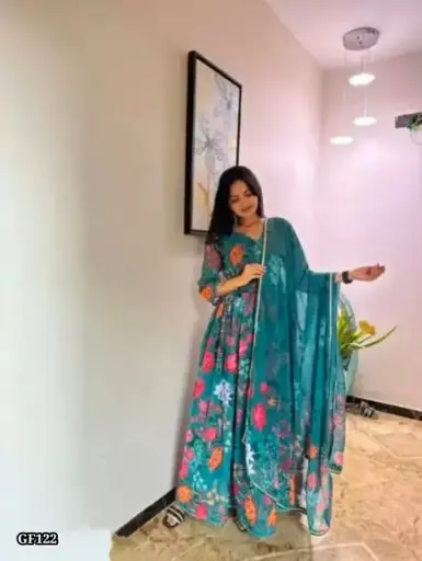 Teal women flower gown with dupatta, printed flower gown for women