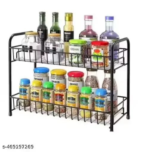 [A00190] Kitchen containers rach with metal build, black colour coated, plastic grip and 2 floored