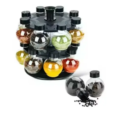 [A00231] Transparent kitchen masala containers, pack of 16 containers each of 100g capacity with 360⁰ rotatable stand