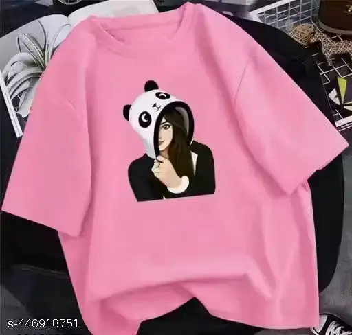 Girls pink printed sticker t shirt | half sleeve | lose fitting style