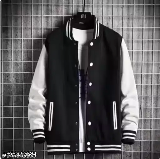 [A00252] Full sleeve mens winter jacket without cap | black and white colour design | warm cloth | button lock and 2 pockets 